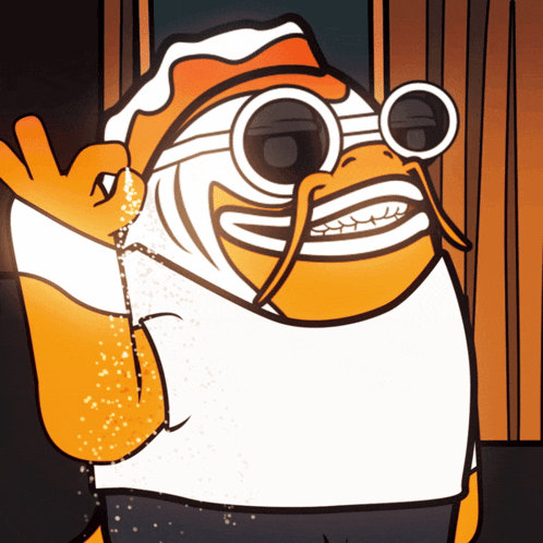 a cartoon of a fish with glasses and a mustache giving the ok sign