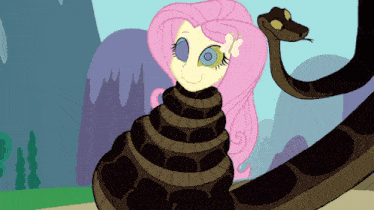 a cartoon of a girl with pink hair and a snake behind her