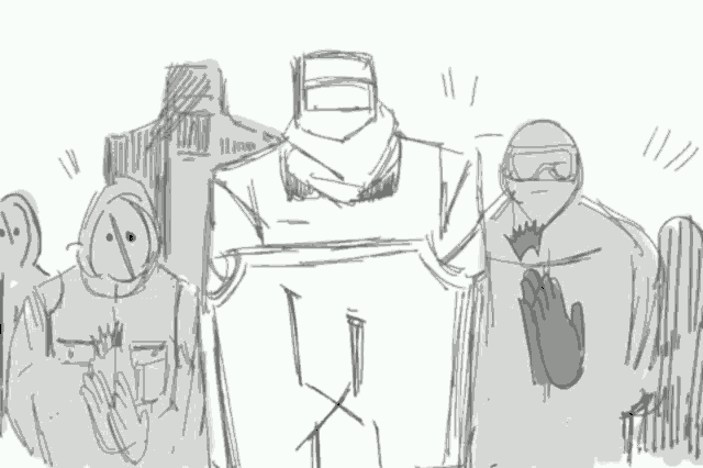 a black and white drawing of a group of people standing around a man