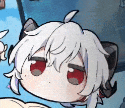 a cartoon of a girl with white hair and red eyes .