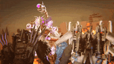 a group of robots are standing in front of a building with fire coming out of it