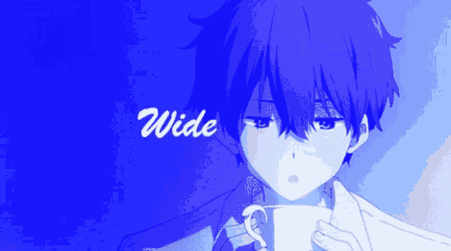 a boy with blue hair is holding a cup and the word wide is above him