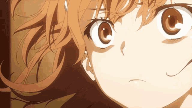 a close up of a girl 's face with a slight smirk on her face