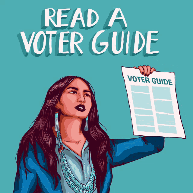 a woman is holding a voter guide in her hand