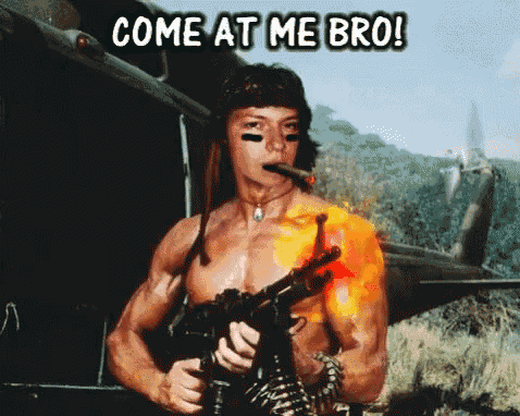 a man holding a gun with the words come at me bro on the bottom