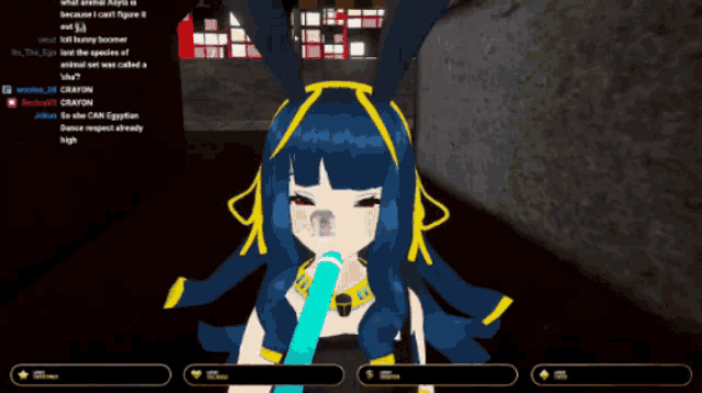 a screenshot of a video game shows a girl with blue hair and yellow ears