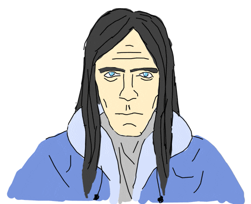 a drawing of a man with long black hair