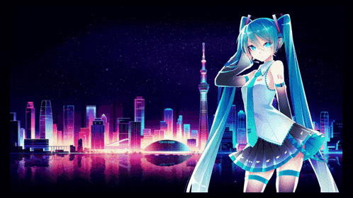 hatsune miku stands in front of a city skyline with a reflection of her in the water