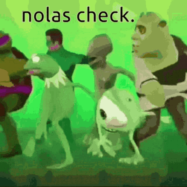 a group of cartoon characters are dancing together with the words nolas check written on the bottom