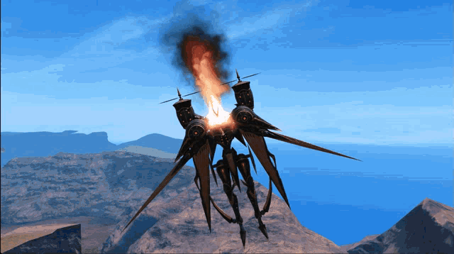 a computer generated image of a flying object with a fire coming out of it