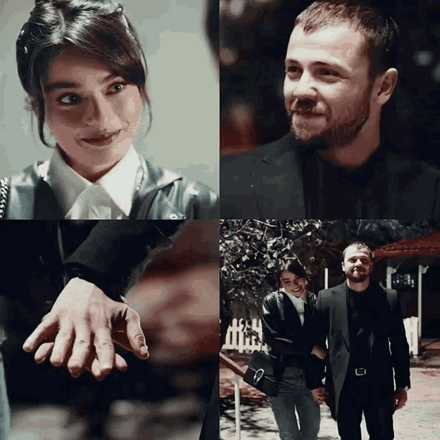 a man and a woman holding hands in a collage