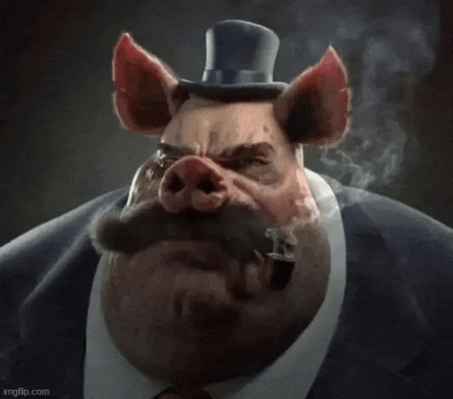 a pig with a top hat and a mustache is smoking a pipe .