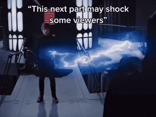 a picture of a man with a lightning bolt behind him and the caption " this next part may shock some viewers "