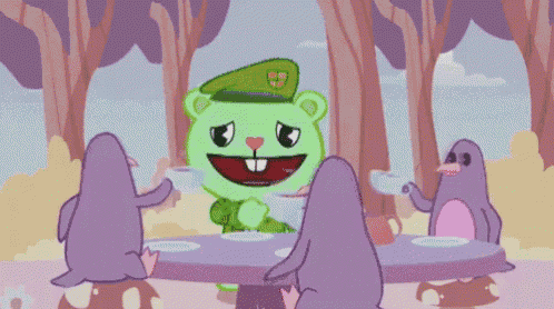 a group of penguins sitting around a table with a cartoon character in a green hat