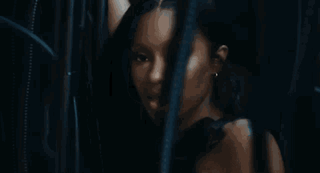 a woman in a black dress is standing in a dark room behind a fence .
