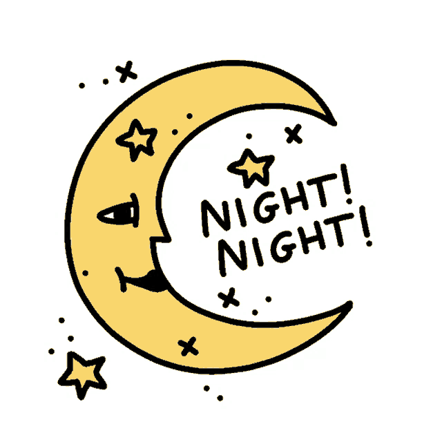 a cartoon drawing of a crescent moon with the words night night written inside of it