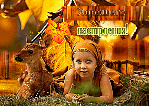 a little girl is laying in the grass next to a deer with the words хорошего настроения written on the bottom