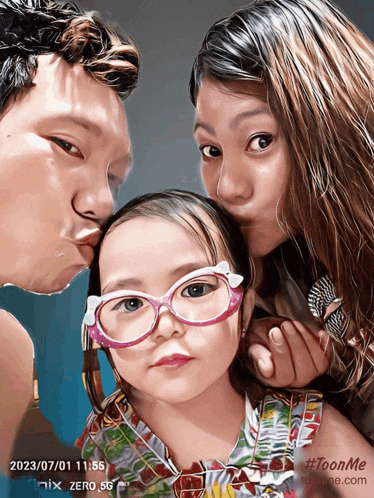 a picture of a man and woman with a little girl wearing glasses taken on july 1st at 11:55