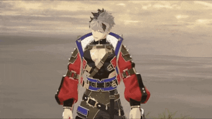a video game character with a blue belt around his waist is standing in the grass