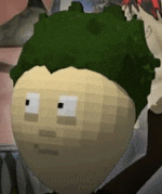 a close up of a cartoon character 's head with a green hat .