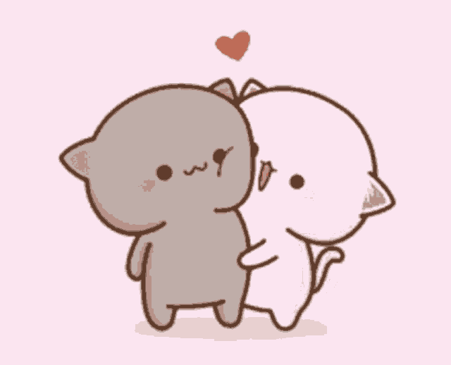 two cartoon cats are hugging each other on a pink background with a heart in the background .