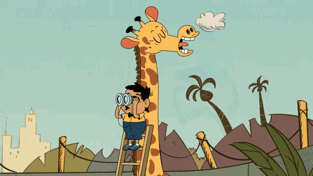 a cartoon of a giraffe looking through binoculars