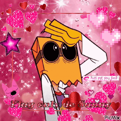a cartoon character with a paper bag on his head surrounded by pink hearts