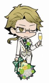 a cartoon character in a tuxedo is holding a glass of champagne and a bouquet of flowers