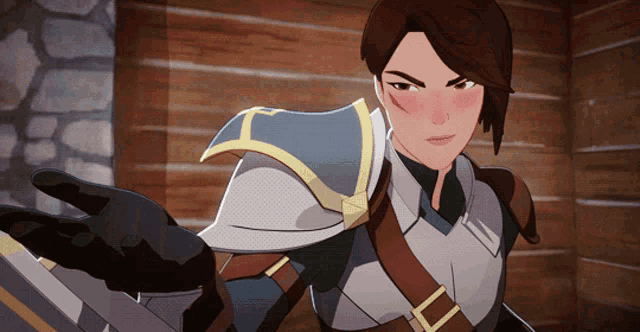 a cartoon of a woman with a sword and a shield