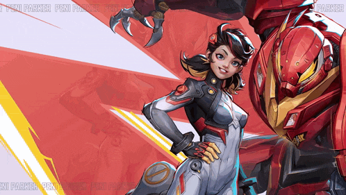 a drawing of a girl standing next to a red robot with the words pen parker written on the bottom