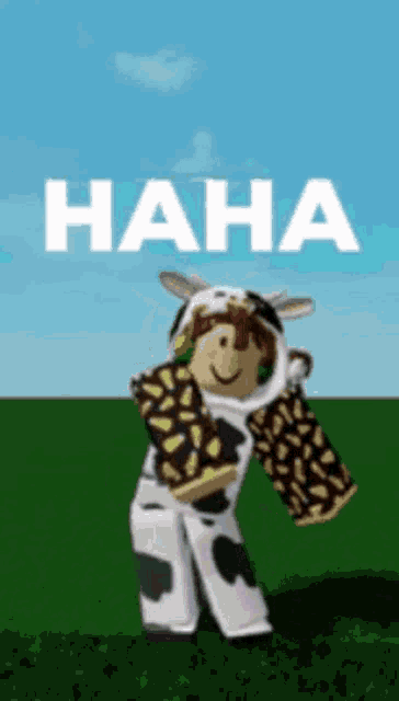 a cartoon character in a cow costume is standing in a field with the word haha written above him