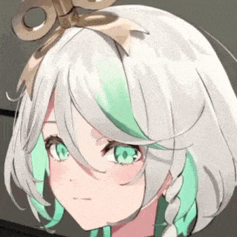 a close up of a girl with white hair and green eyes wearing a clock on her head .