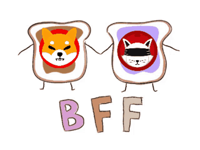 two slices of bread with a dog and a cat on them and the word bff