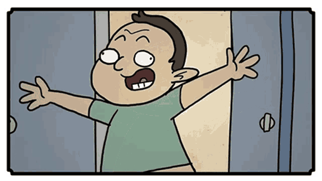 a cartoon of a man standing in front of a door .