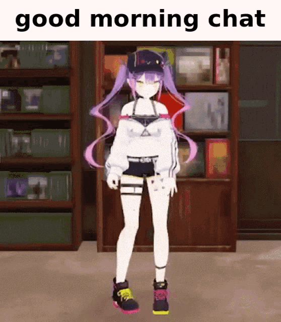 a girl with purple hair is standing in front of a bookshelf with the words " good morning chat " above her