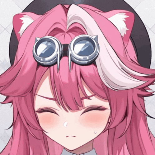 a close up of a pink haired anime character with goggles on her head