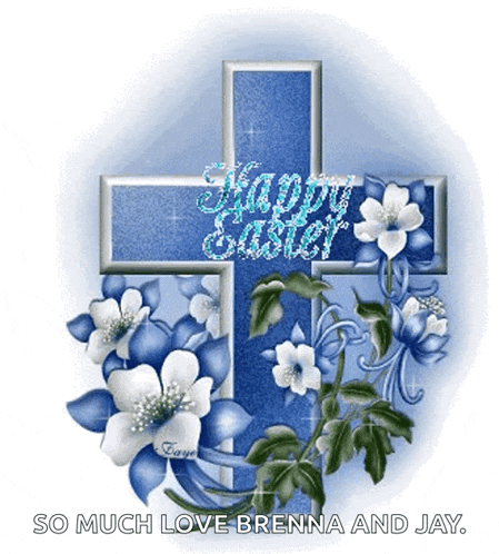 a blue cross with blue and white flowers and the words happy easter so much love brenna and jay