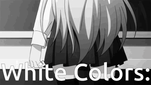 a black and white drawing of a girl with the words " white colors " below her
