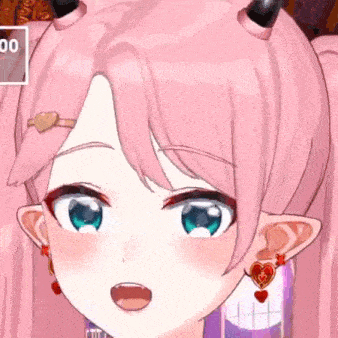 a close up of a pink anime girl with horns and earrings