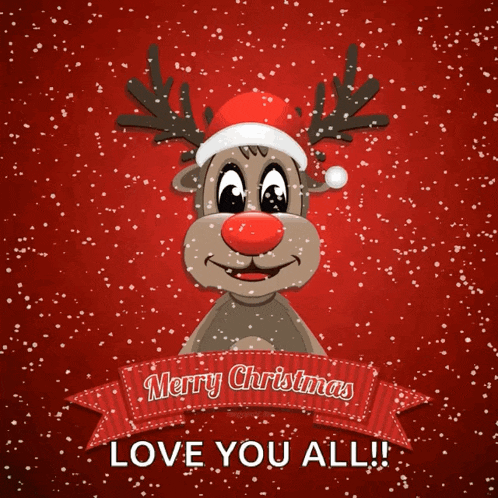 a christmas card with a reindeer wearing a santa hat and a banner that says merry christmas love you all