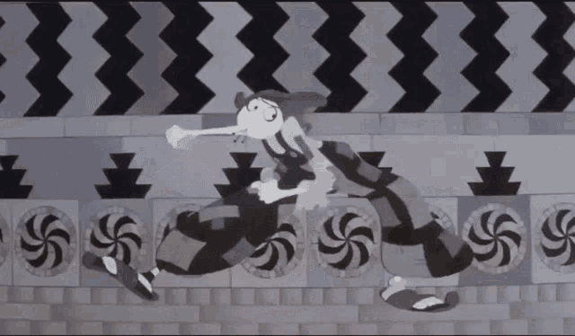 a black and white drawing of a person running with a swirl pattern in the background