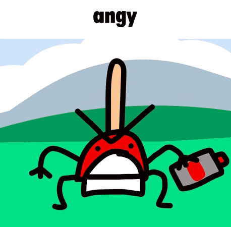 a cartoon character is holding a battery and the word angy is above it