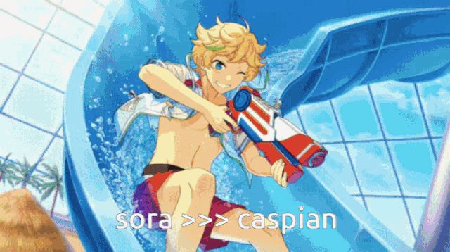 sora caspian is holding a water gun while riding a water slide