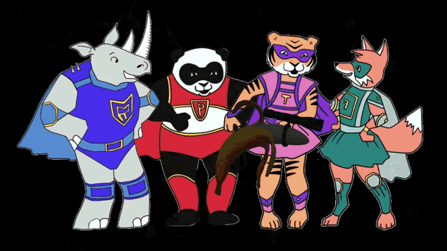 a rhino a panda a tiger and a fox are all dressed up in superhero costumes