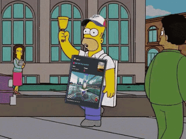 a cartoon of homer simpson holding up a trophy and a tablet