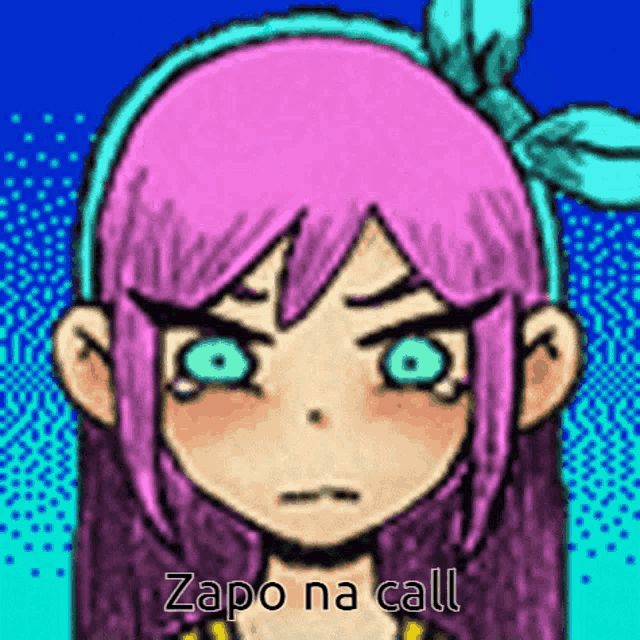 a drawing of a girl with pink hair and green eyes says zap na call