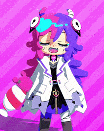 a pixel art drawing of a girl with purple and blue hair