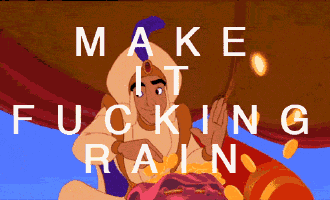 a cartoon character with the words make it fucking rain