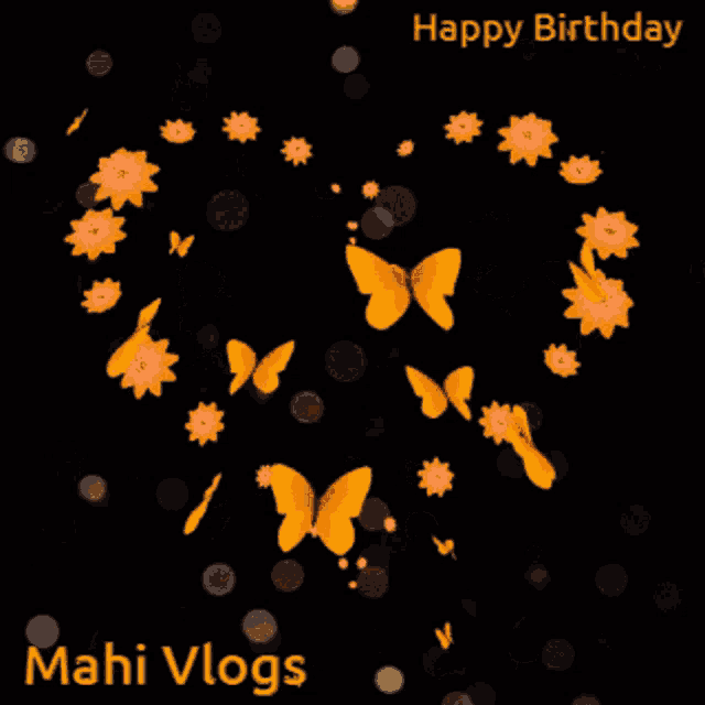 a happy birthday mahi vlogs card with butterflies and flowers