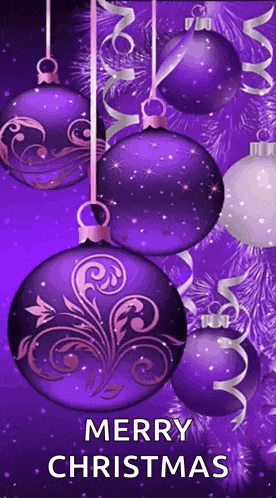 a merry christmas card with purple and white christmas decorations